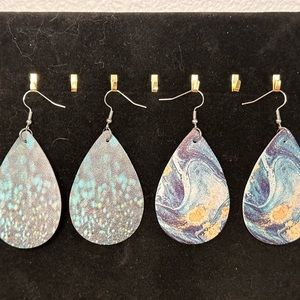 Pierced earrings, teardrop dangles, blues and teals. NWT